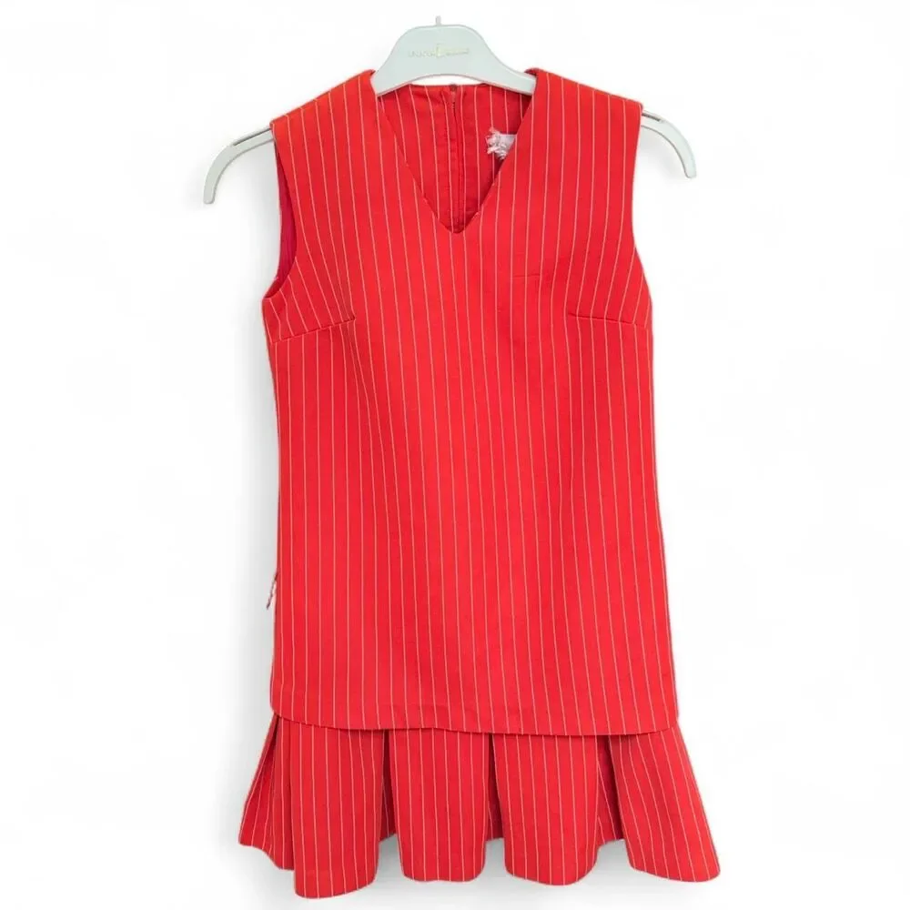 Vintage  60s/70s Mod Red Pinstripe Pleated Shift Dress size XS/2